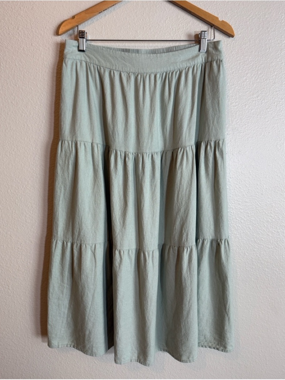 Sage Green Linen Blend Tiered Midi Skirt Pockets Boho Cottagecore Large Matty M